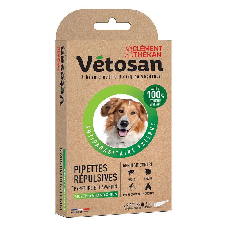Anti-Puces Anti-Tiques Chien Moyen et Grand Chien 2 Pipettes 3ml Vétosan Clement-Thekan