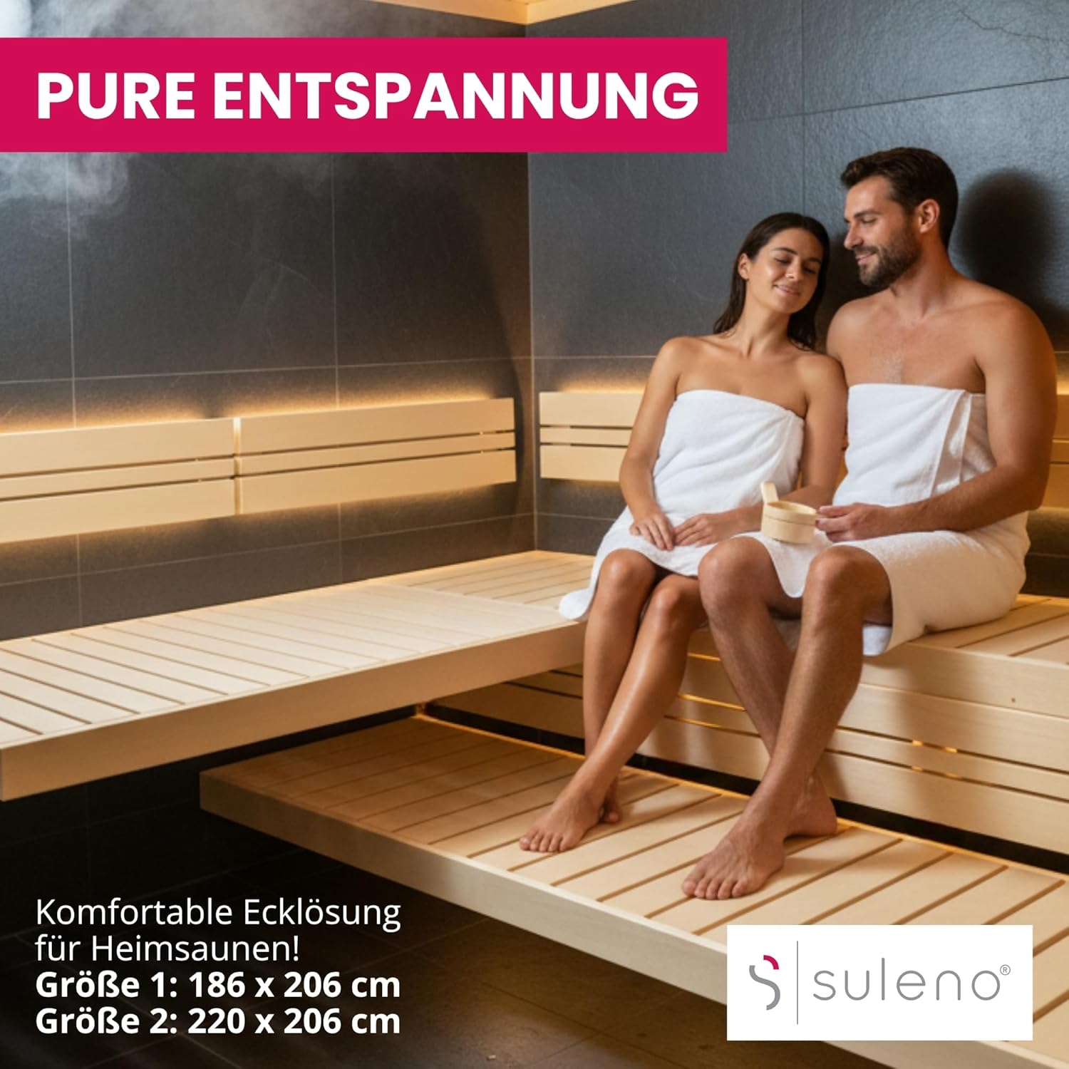 Suleno Saunabank Set VISBY, 3 Saunaliegen 4 Rückenlehnen 2 Bankblenden Ast-, harz- & splitterfrei - Formstabil & Hitzebeständig Kürzbar 2 Größen Saunaset - Saunaholz zum Sauna Selbstbau (220 x 206 cm)