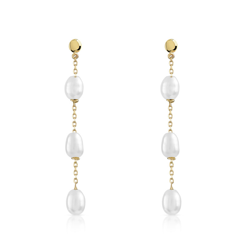 Boucles d'oreilles or 375 jaune pendants perles de culture de Chine