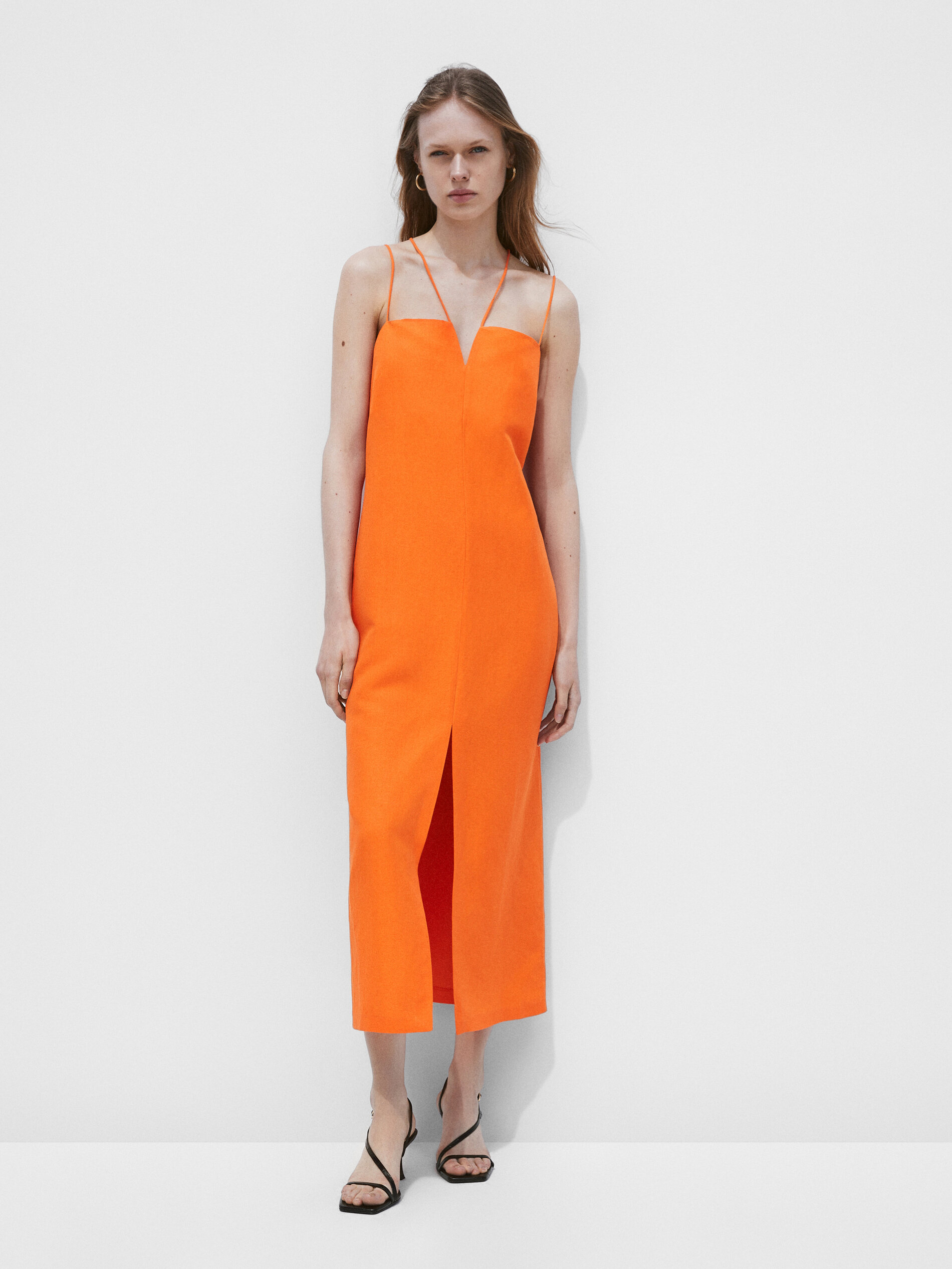 Vestido com aberturas para amarrar em linho - NARANJA