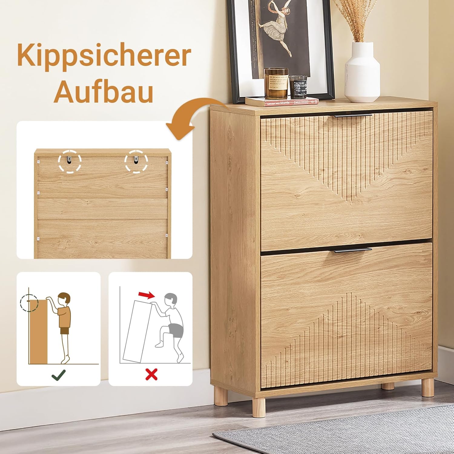 SoBuy Schuhschrank Schmal für Flur, Schuhkipper in Holzoptik, Schuhschrank mit Kippschutz für 8 Paar Schuhe, Schuhregal Geschlossen, Kleine Schuhkommode, Shoe Cabinet B60xH83xT24 cm, FSR200-II-N