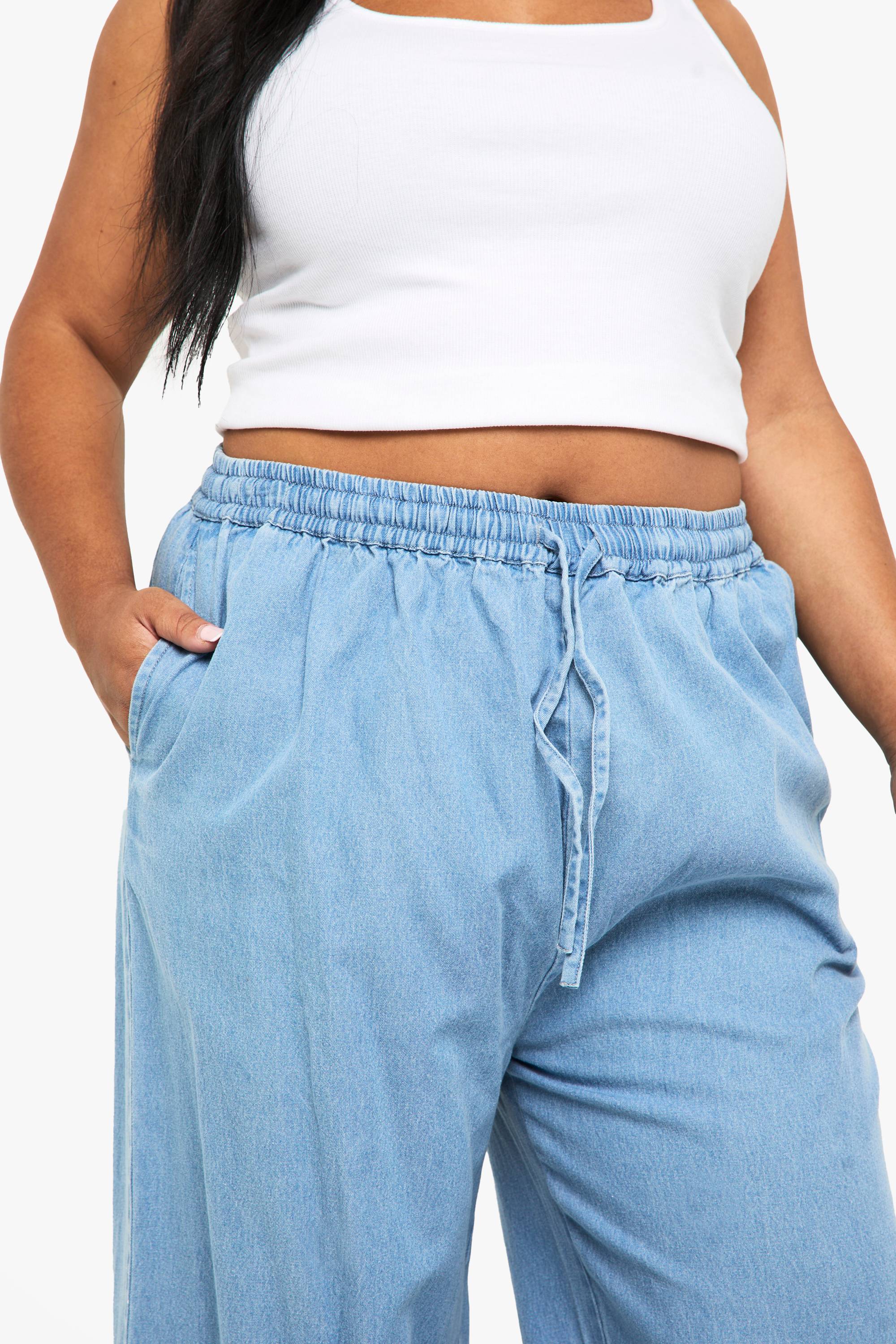 boohoo Pantalon à jambes larges en chambray avec cordon de serrage