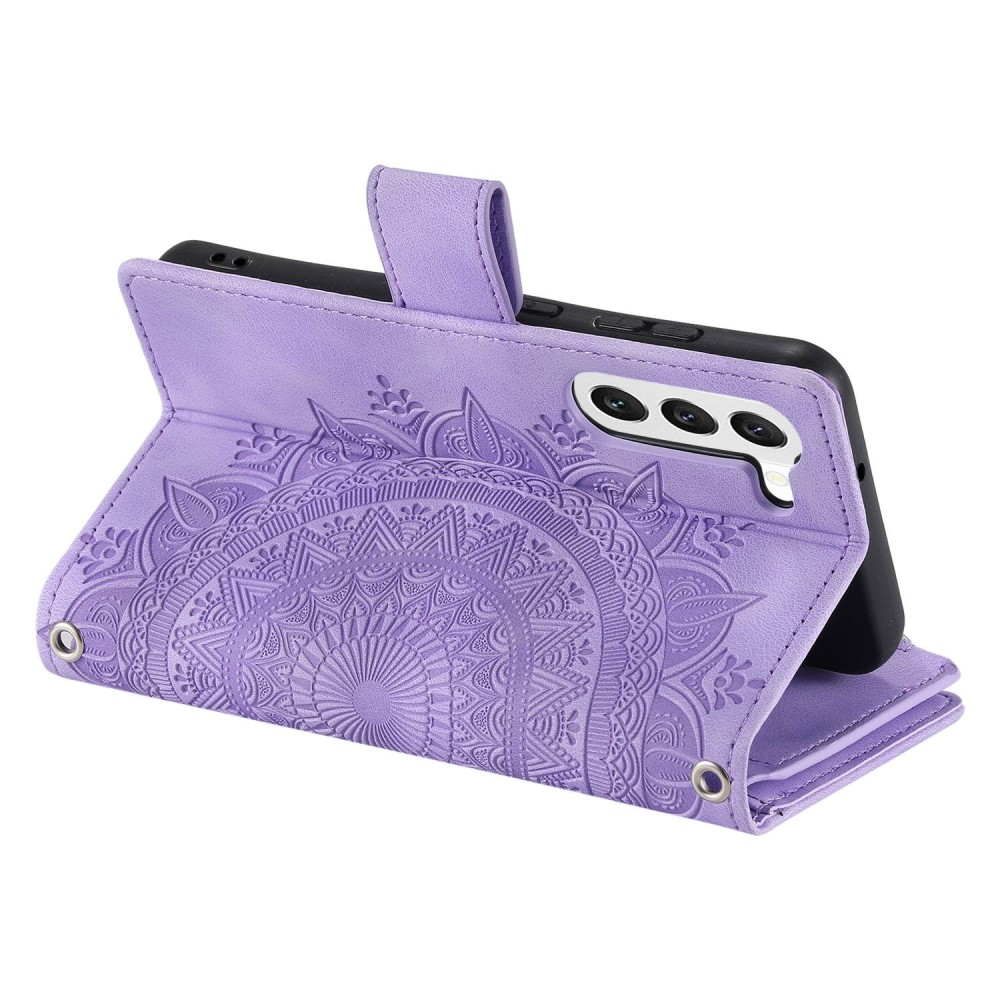 Samsung Galaxy S23 5G Leder Tasche Flip Cover mit Reissverschluss - Mandala Flowers Imprint - Lila