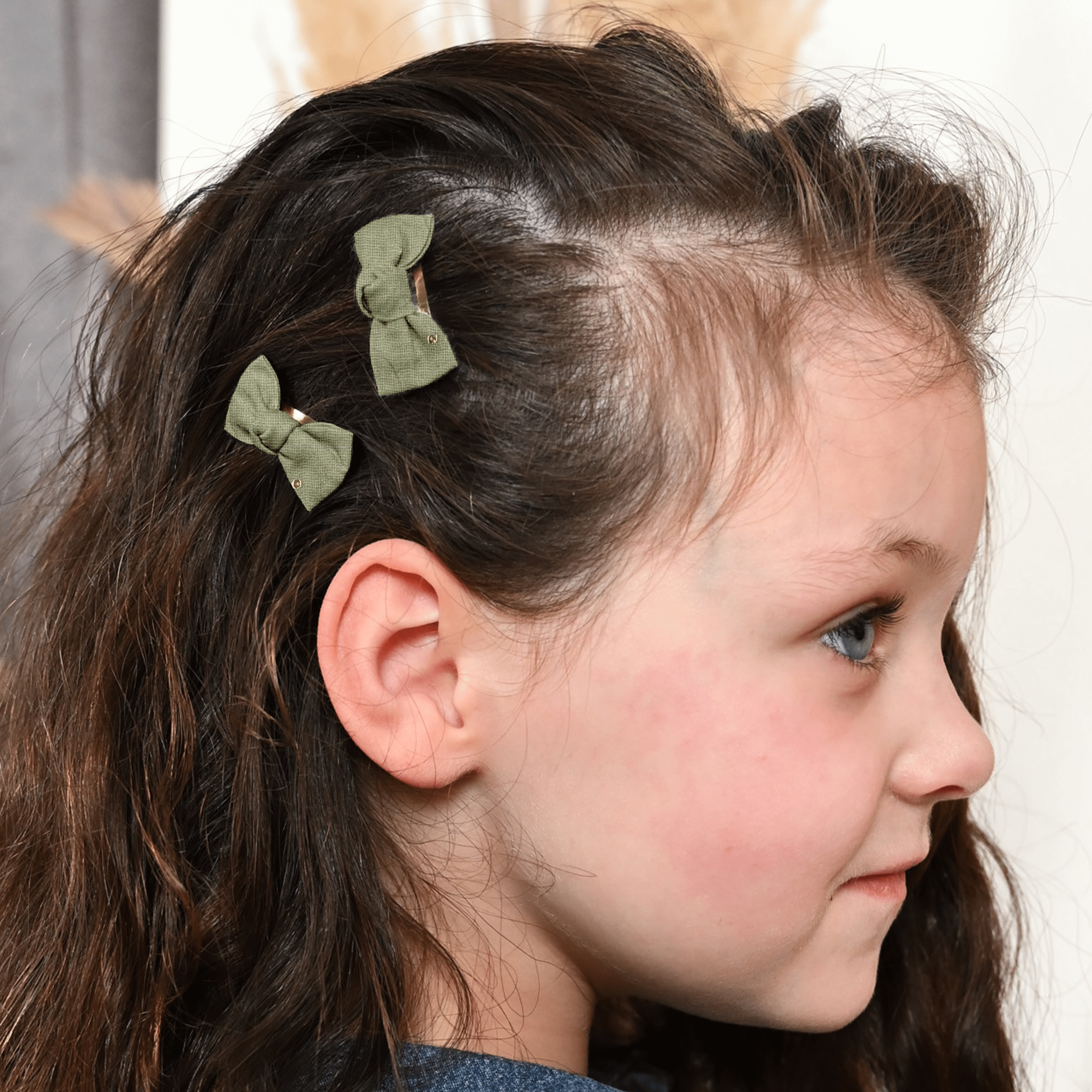 Barrettes Clic-Clac Petits Noeuds Gaze Pois Or Vert Amande