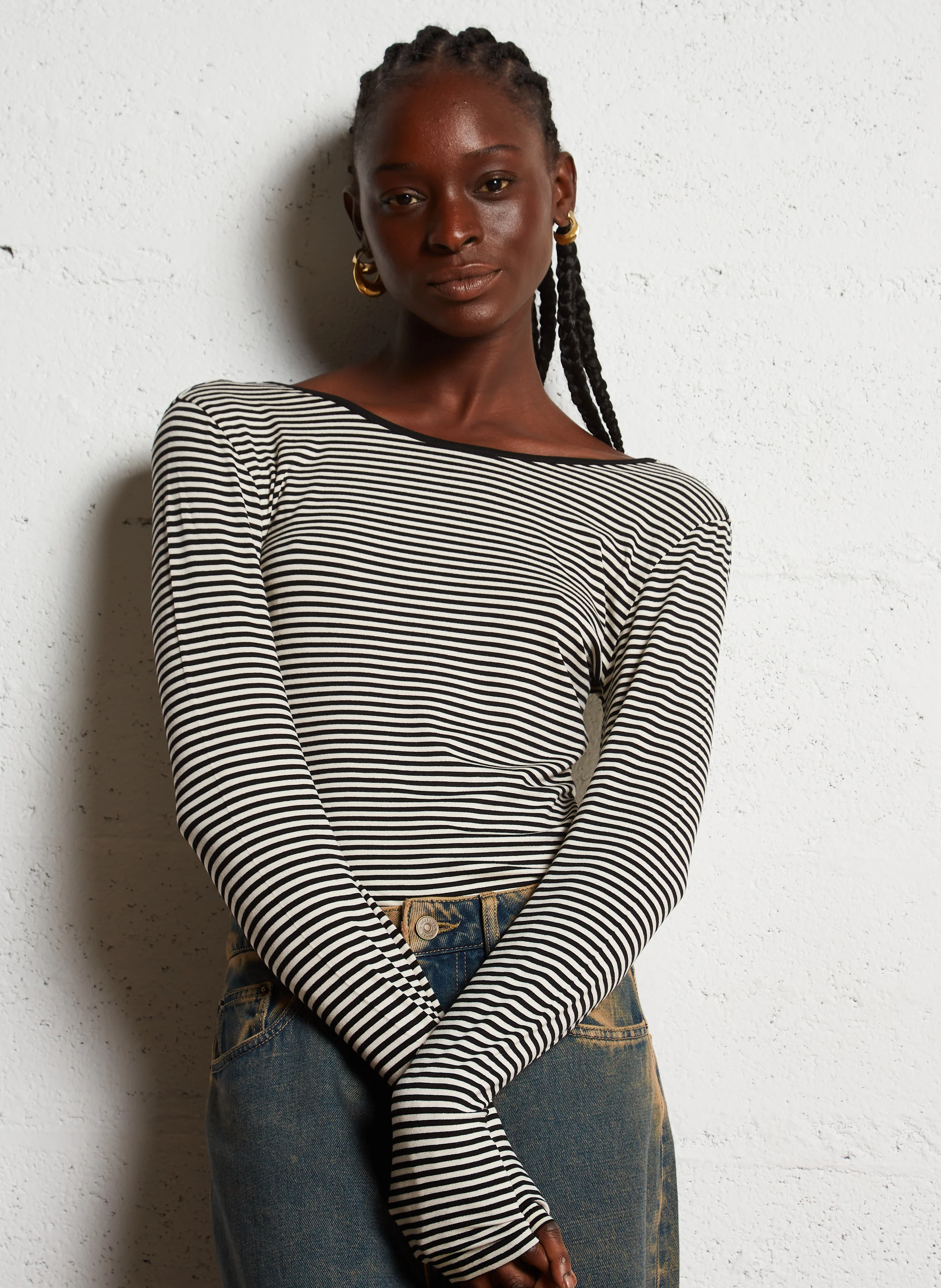 ELFY - Tee-shirt col rond ajusté à rayures | Noir