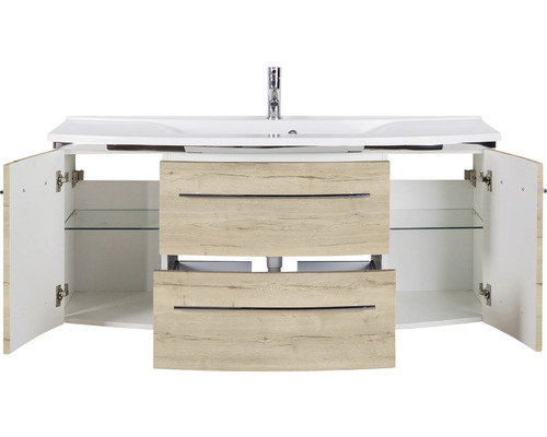 Badkamermeubelset Marlin 3040, frontkleur eiken wit houtdecor, 2-delig met wastafel in mineraalmarmer wit, BxHxD 122 x 90 x 48 cm