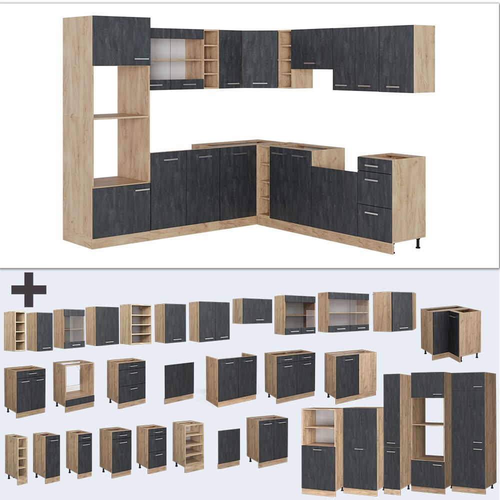 Vicco Eckküche R-Line 247x237 cm Schwarz Beton Eiche ohne Arbeitsplatte