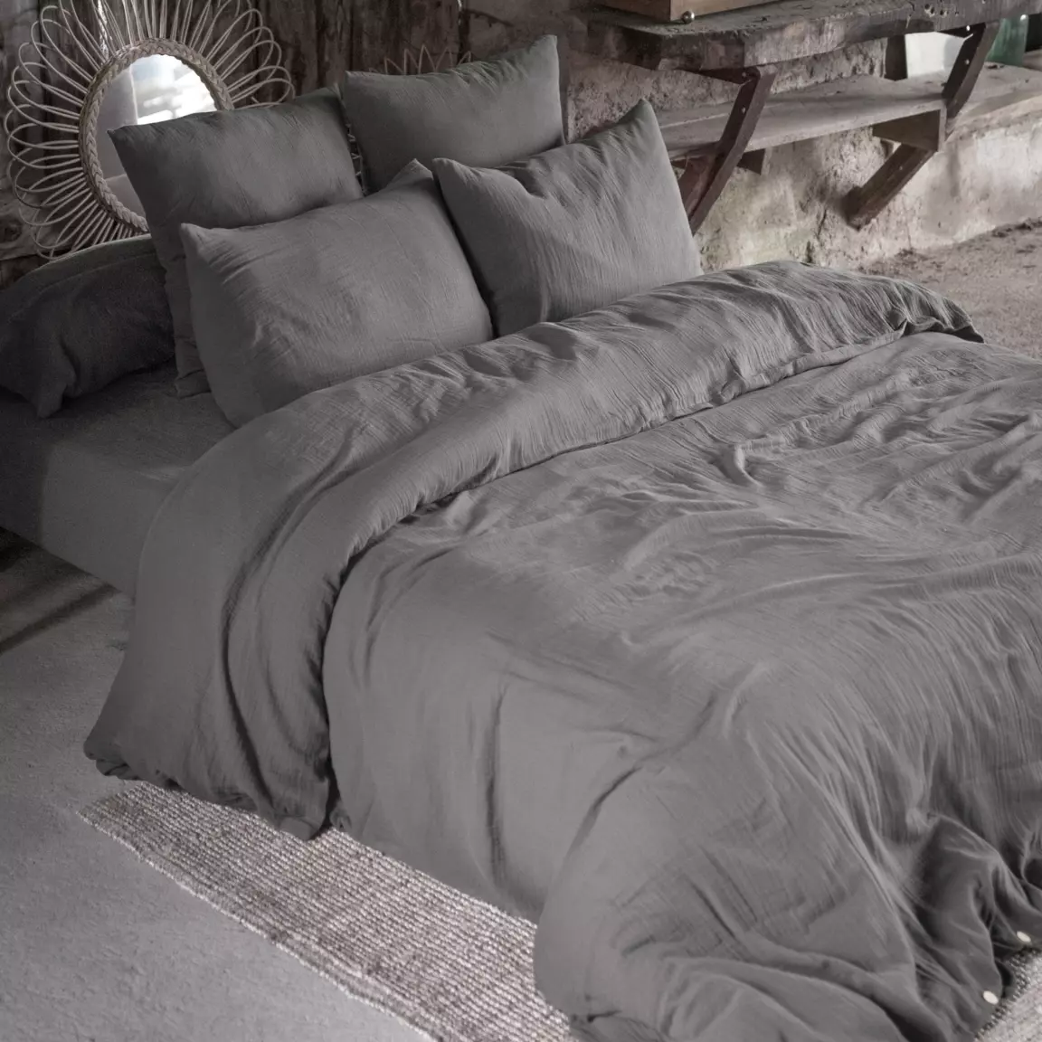 Drap housse gaze de coton (160 x 200 cm) Gaïa Gris granit