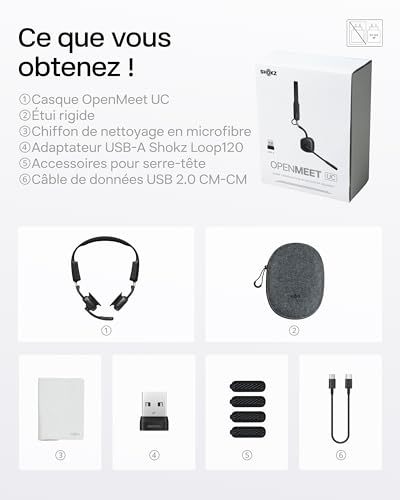 SHOKZ Casque à conduction osseuse OpenMeet UC, adaptateur USB-A, casque Bluetooth oreilles libres avec micro antibruit, écouteurs sans fil travail, appels, réunions, Bluetooth 5.4, autonomie 15 heures