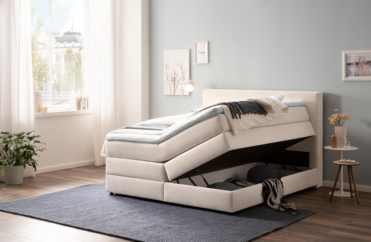 Belanoti Loft Boxspringbett 160x200 mit Bettkasten 7-Zonen Taschenfederkern Matratze inklusive Visco Topper Bett 160x200 in der Farbe Beige H2 und H3 Polsterbett mit Stauraum