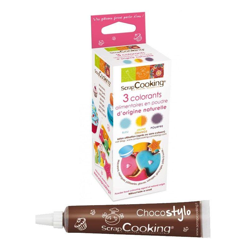 Colorants naturels pourpre-orange-bleu + 1 Stylo chocolat Scrapcooking