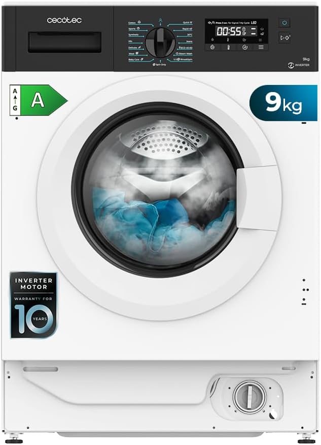 Cecotec 9 kg Carg Front Bolero Dresscode 940 BI Inverter A, 1950 W, 1400 U/min programmierbar, 16 Programmierbare Programme, Energiesparend, Delay Start, LED-Display, Dampf SteamMax.