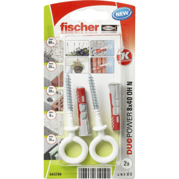 Fischer Universeelplug DuoPower 8x40mm met witte ooghaak 2 stuks