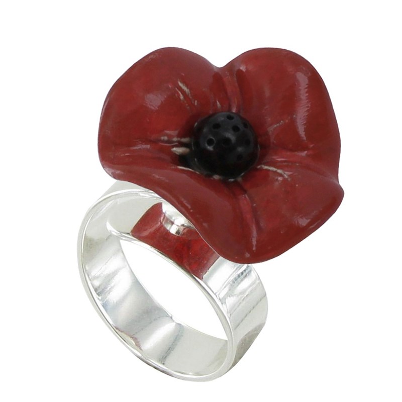 Bague Métal Argenté Petit Coquelicot Avec Pistil Céramique Rouge