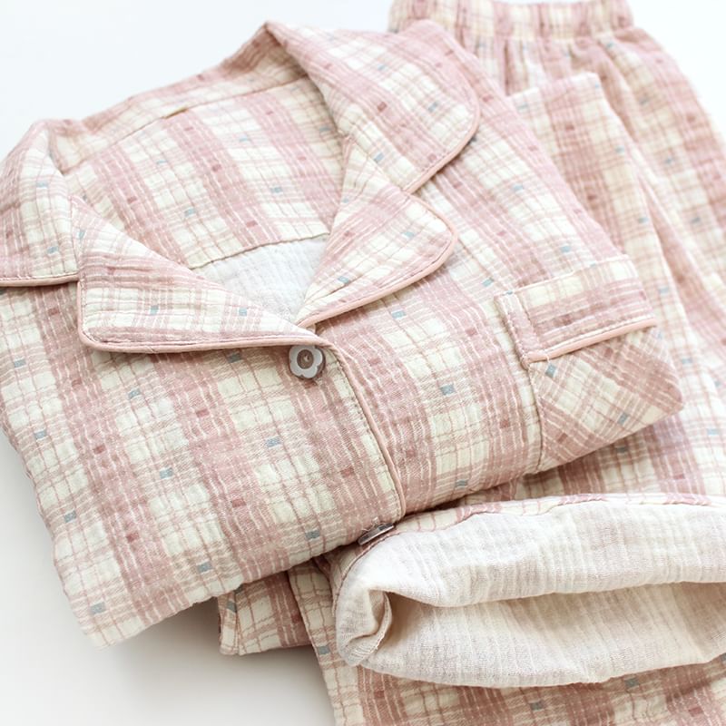 Dogini - Bijpassende pyjamaset voor koppels: geruite top met lange mouwen + broek