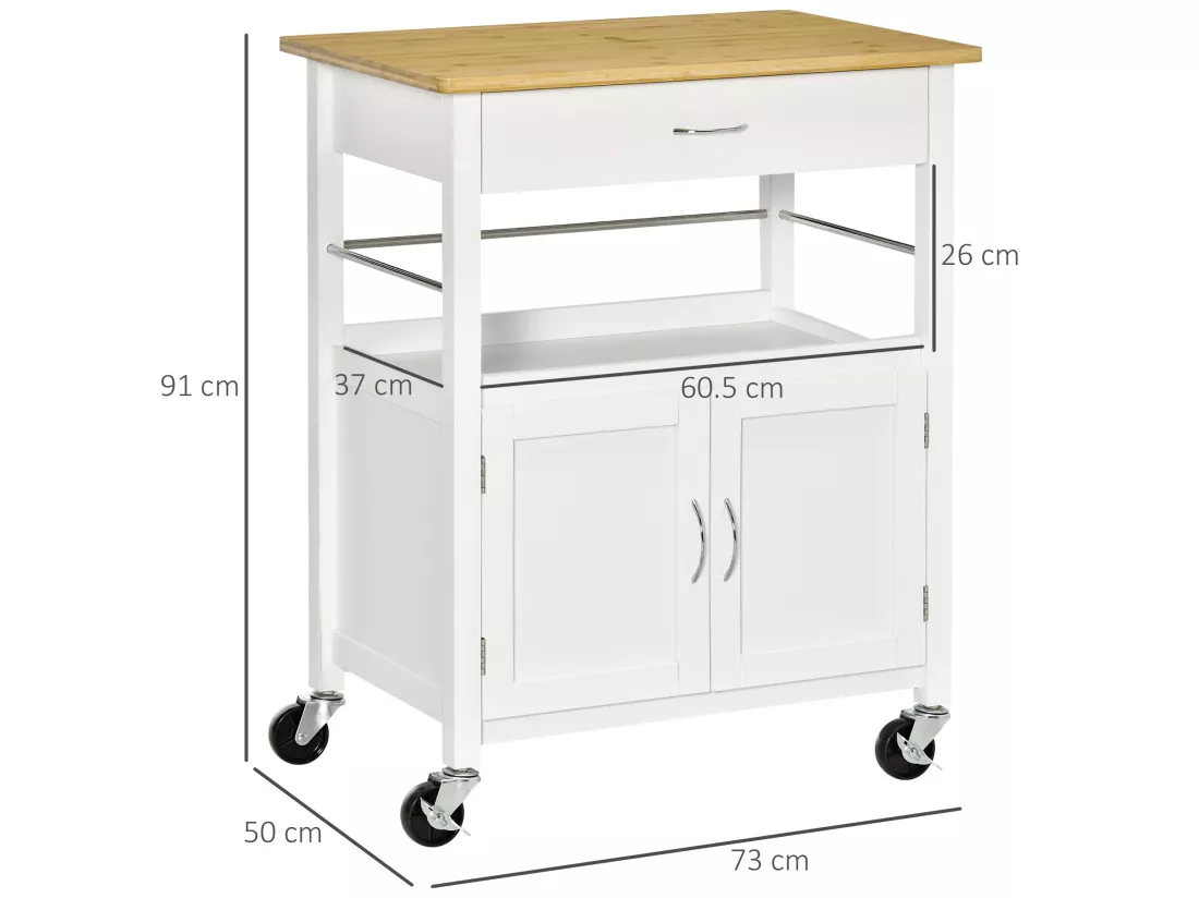 Desserte de cuisine multi-rangements - dim. 73L x 50l x 91H cm - poignées métal MDF blanc plateau bois bambou verni