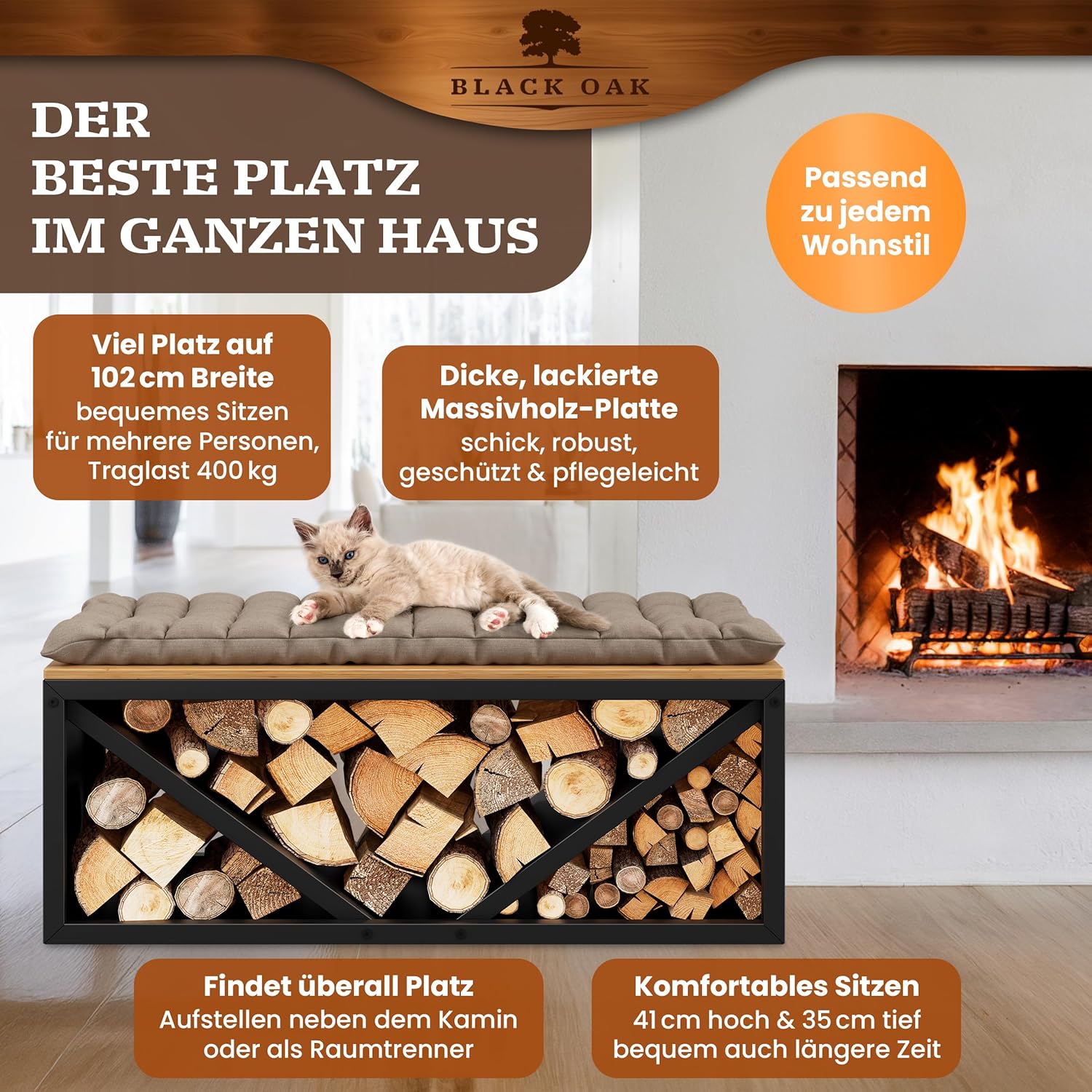 BLACK OAK Kaminholz Regal OHIO 102x41x35cm - Sitzbank für Brennholz Kaminholzregal für innen schwarz modern stabil Stahl + Holz - Metall pulverbeschichtet rostfrei Kaminholz-Sitzbank bis 400 kg Holz