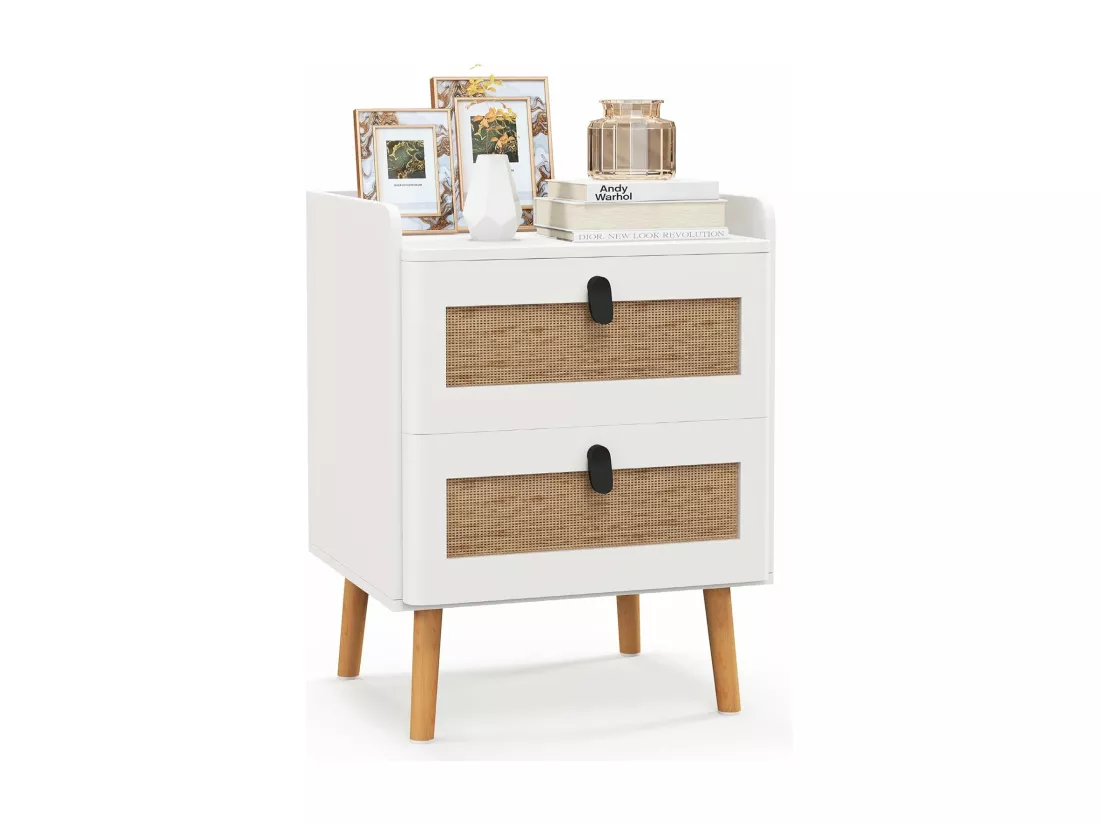 Commode 2 Tiroirs, Table de Chevet avec Pieds en Bois Massif, Poignée Noir Design, Tiroir en Rotin Bohème, Petite Commode Scandinave, Blanc(2 Tiroirs)