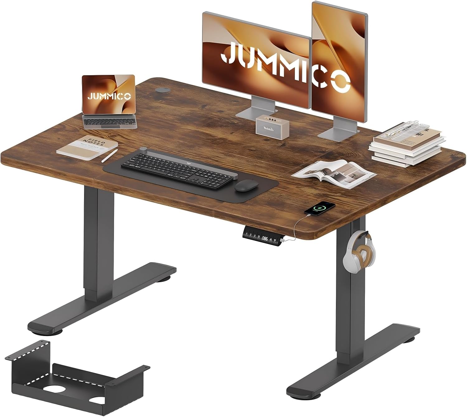 JUMMICO Höhenverstellbarer Schreibtisch 120 x 70 cm mit Kabelwanne, Höhenverstellbar Elektrisch Stehpult mit USB-Buchse, Computertisch, Ergonomischer Steh-Sitz Tisch, Bürotisch, Vintage-braun