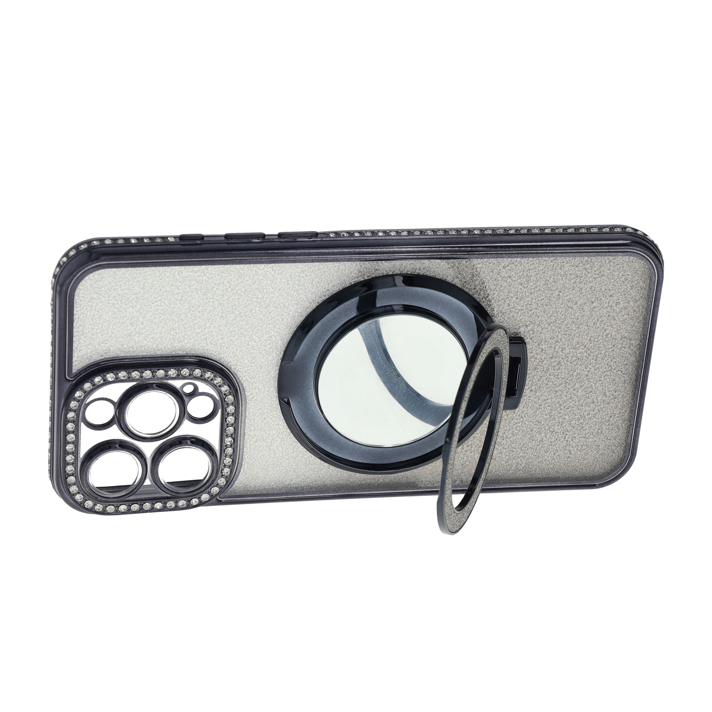 iPhone 16 Pro Max MagSafe Gummi Case Hülle im Glitzer Design   Magnetischer Kickstand Haltering - Schwarz / Silber
