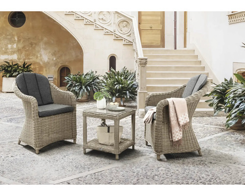 Destiny MALAGA MERANO 2-zits balkonset bestaande uit: 2 fauteuils, bijzettafel, polyrotan, aluminium, glas, beige
