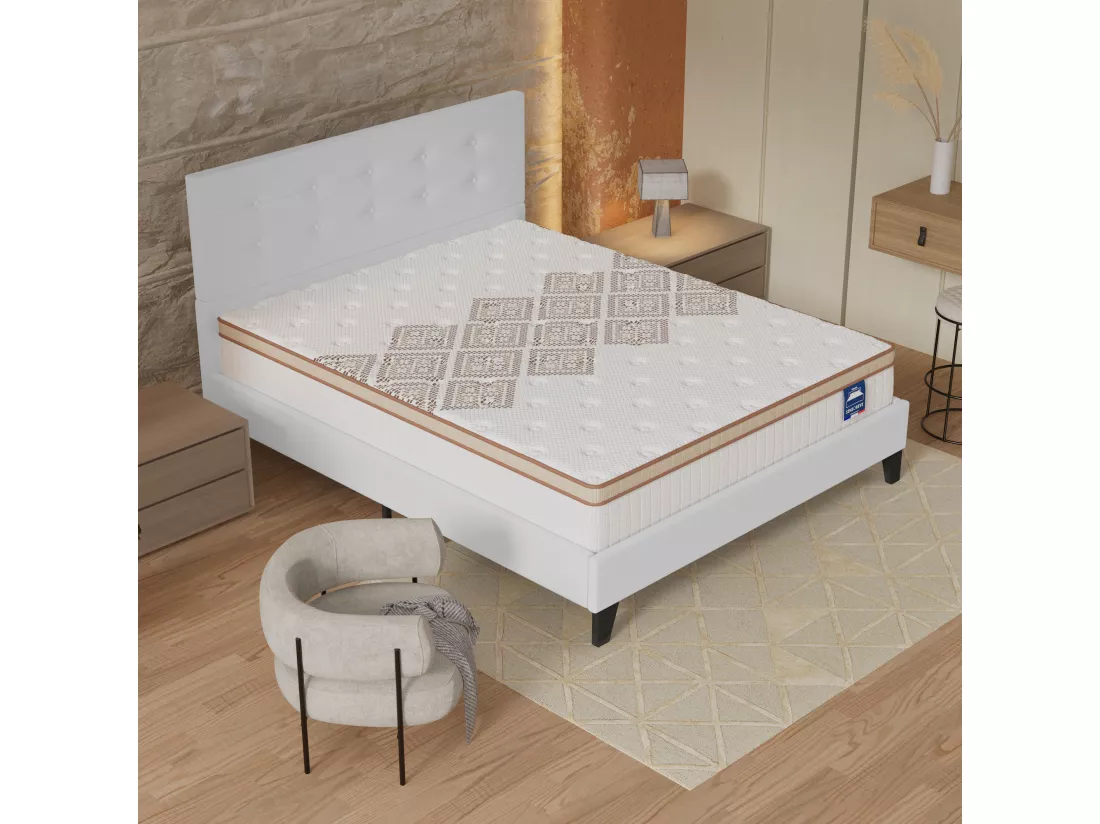 Ensemble Matelas + Lit Avec Tête De Lit 160x200 Cm, Essem 25cm D’épaisseur Mousse Haute Densité