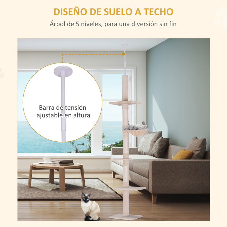 Arranhador para gatos PawHut com suporte para teto, bege