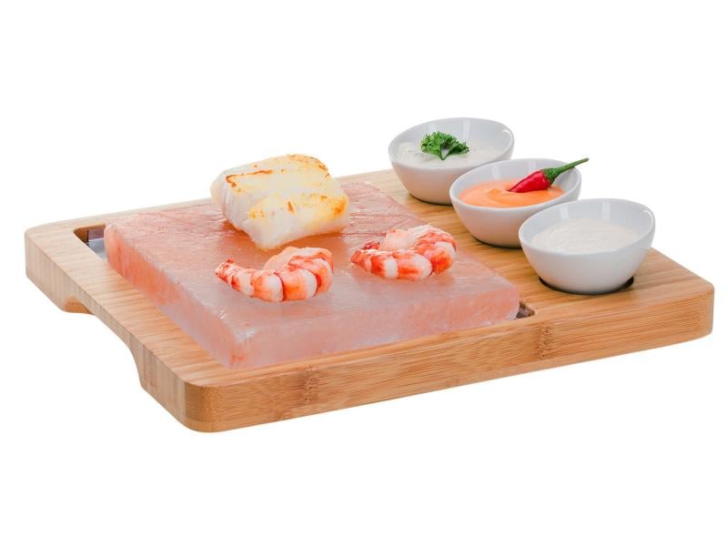 Nouvel Hot Stone Platte Set Himalaya Salz 6-teilig Hot Stone Set aus Bambus mit Saucenhalter