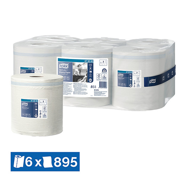 Bobine d'essuyage blanche Tork Reflex 895 formats, lot de 6