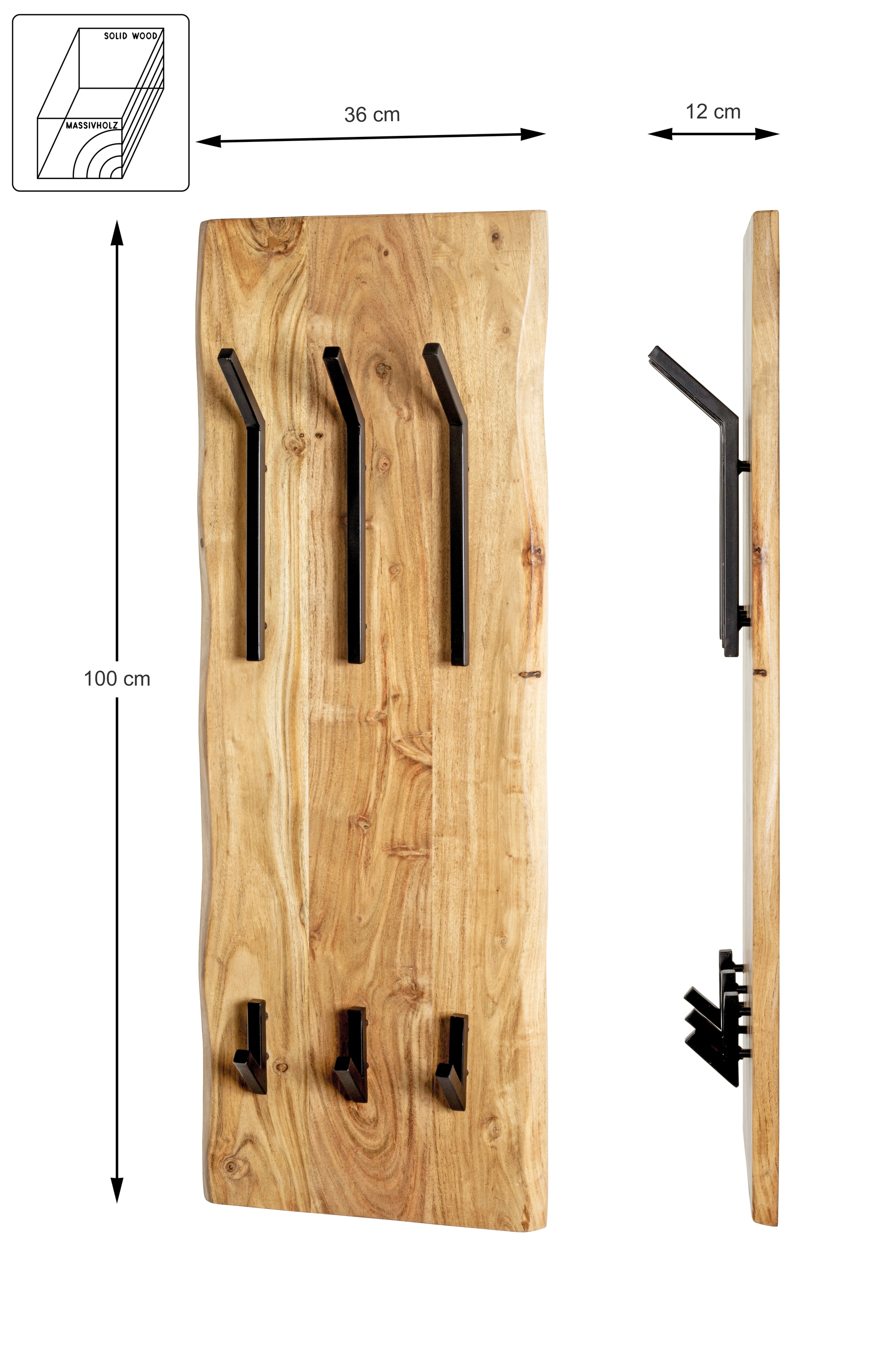 Wandgarderobe 36 x 100 cm Akazie Massivholz/schwarz