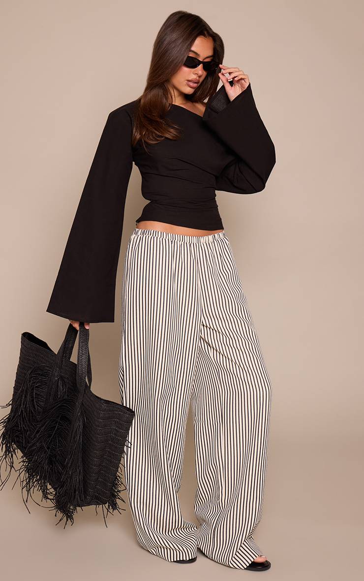 Noir Haut À Manche Drapée Asymétrique En Mélange Coton Lin