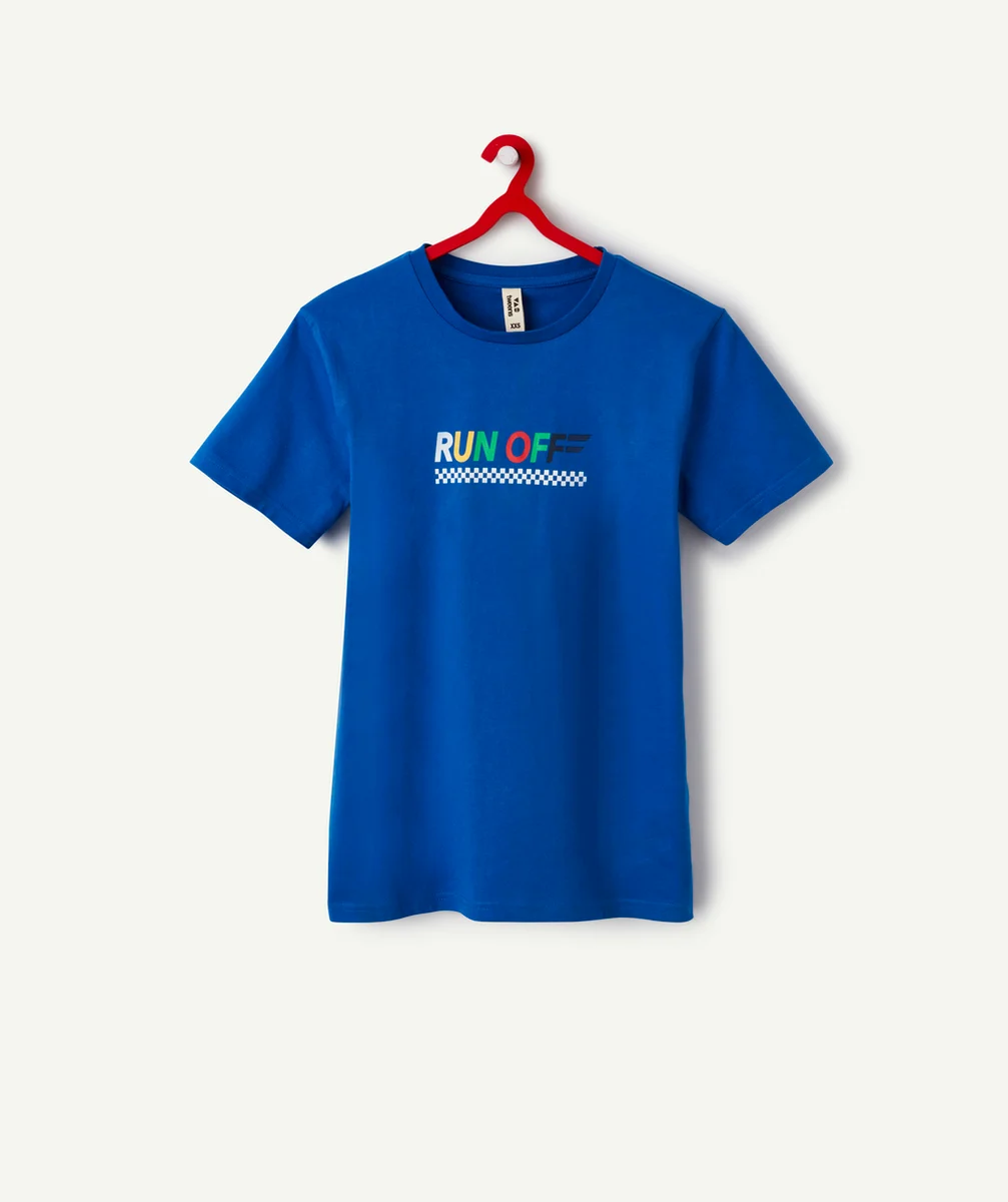 t-shirt manches courtes garçon en coton bio bleu thème racing