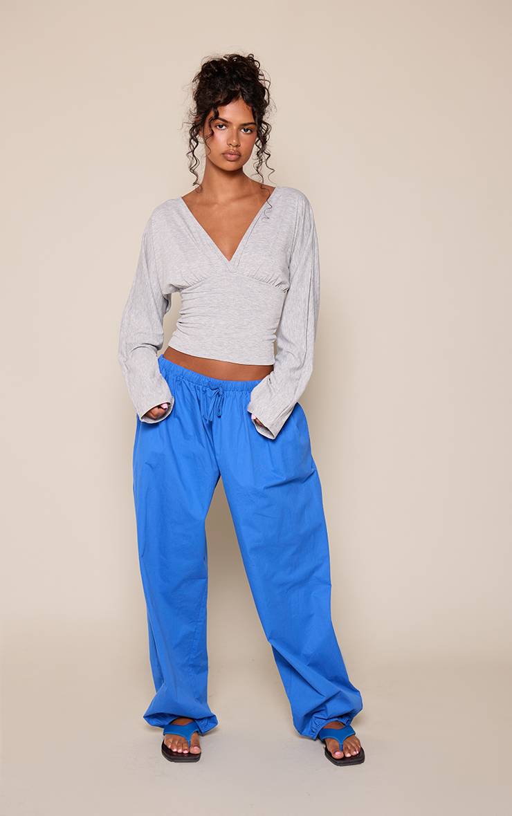 Gris Chiné Top À Manches Longues En Jersey Avec Décolleté Plongeant