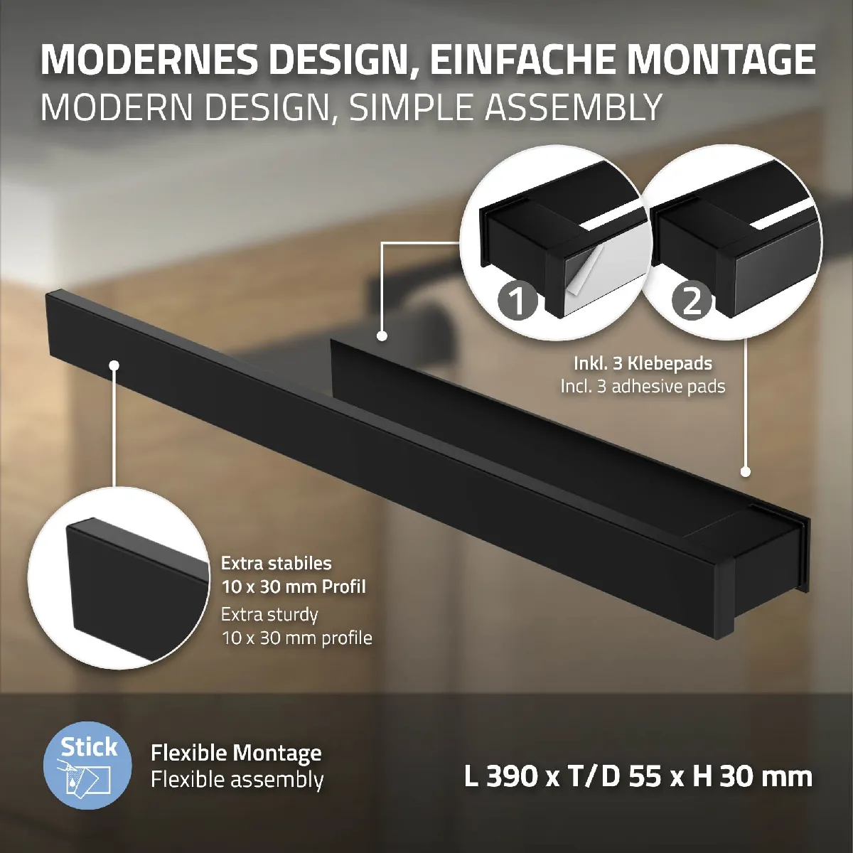ML-Design Porte-serviettes autocollant - Acier 39 cm - Noir
