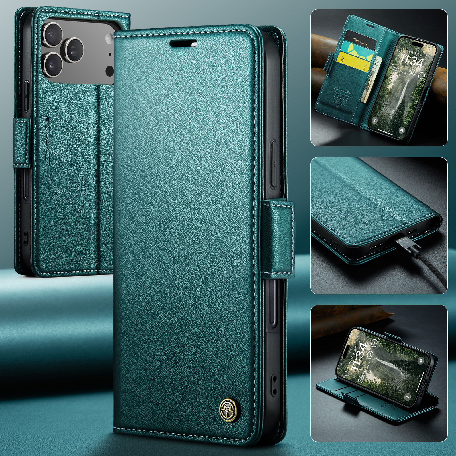 iPhone 17 Pro Leder Tasche Flip Wallet Etui mit Kartenfächern Litchi Look (RFID Schutz) - Grün