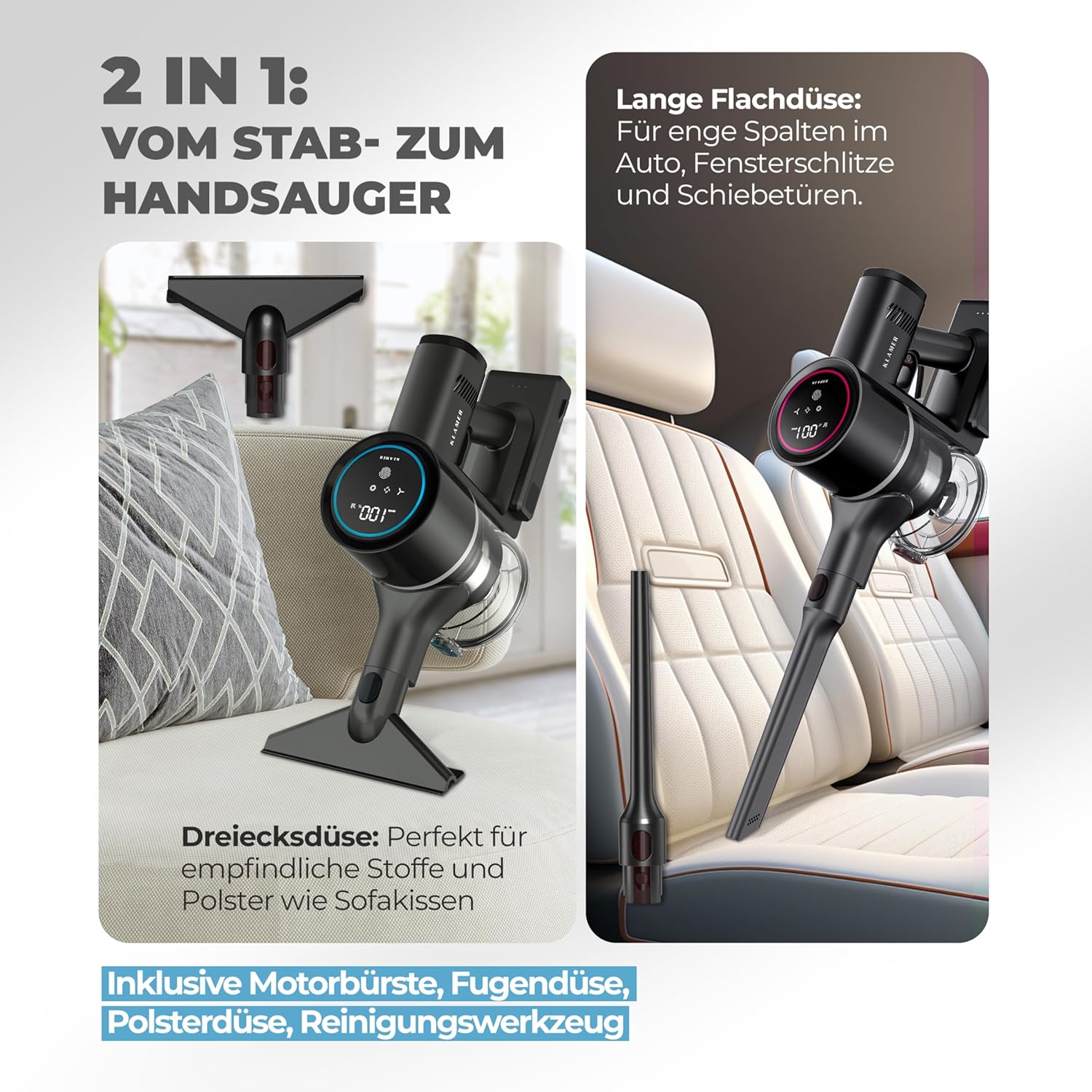 KLAMER Akku Staubsauger, 2-in-1 Staubsauger kabellos & Handstaubsauger, Akkulaufzeit bis 50 min, Akkustaubsauger mit HEPA Filter für Teppich, Auto & Hartböden