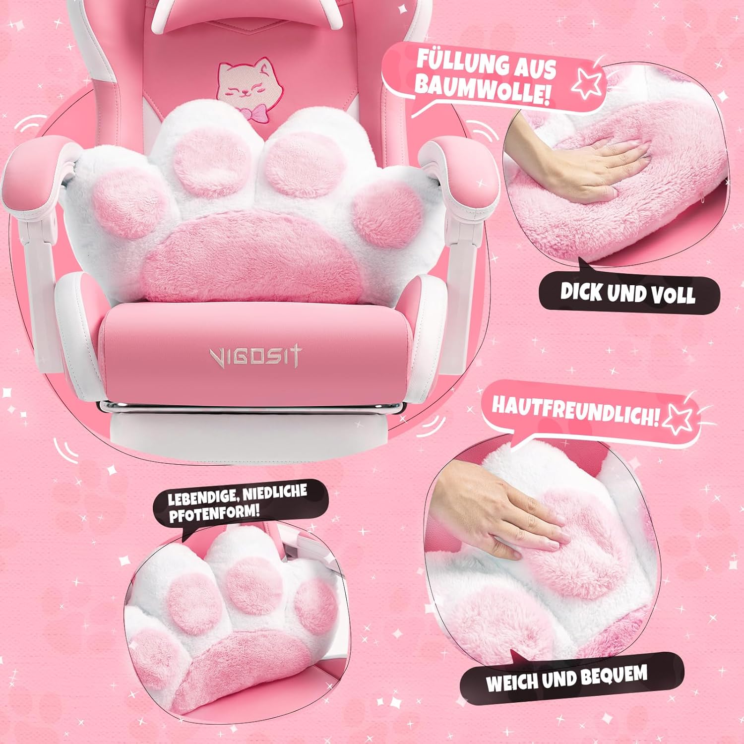 Cute Gaming Stuhl mit Katzenpfote Lendenkissen und Katzenohren, Ergonomischer Gamer Stuhl mit Fußstütze, Verstellbarer PC-Spielesessel für Mädchen, Teenager, Kinder, Pink