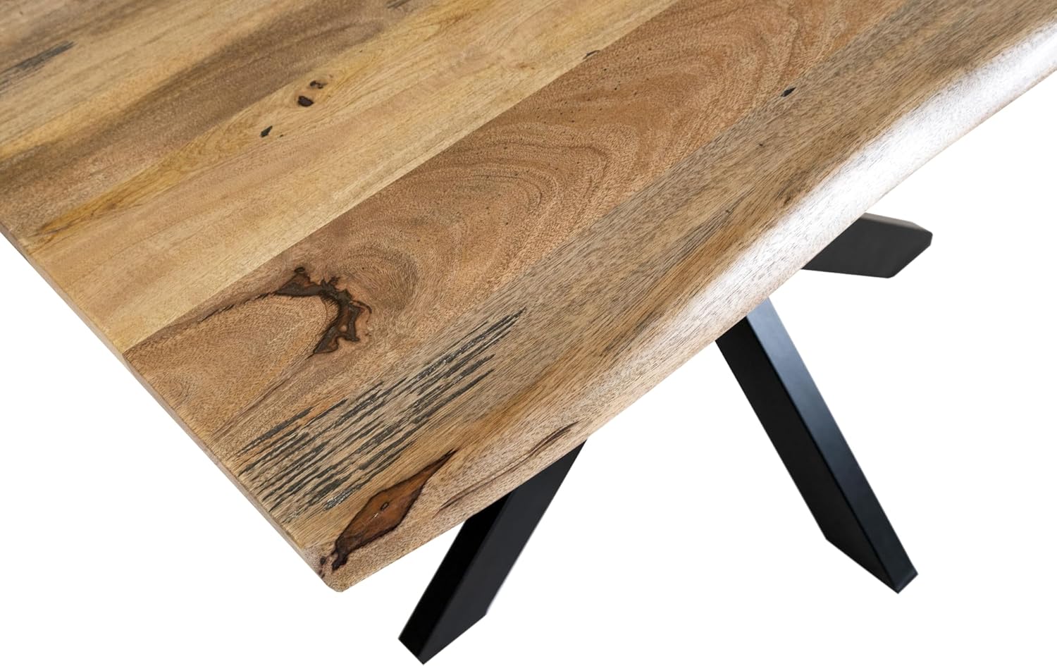 SAM Esstisch Tiger 160 x 85 cm, Mangoholz massiv & naturfarben, Baumkantentisch mit Spider-Metallgestell in Schwarz, echte Baumkante, Esszimmertisch in Vintage-Optik