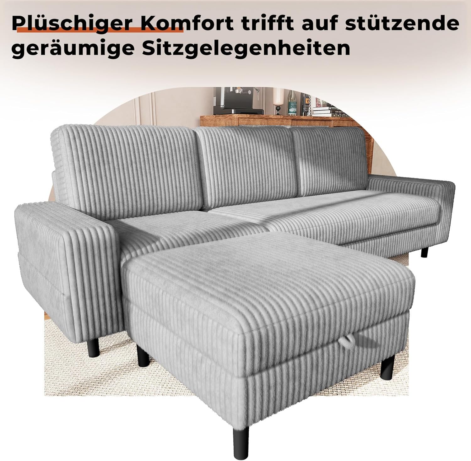 200cm Sofa 3 Sitzer L Form mit Verstellbarer Aufbewahrungs-Hocker, Ecksofa mit Schlaffunktion, Modulares Sofa, Cordcouch, Holzrahmen, tiefer Sitz, Ideal für Wohnzimmer, Grau