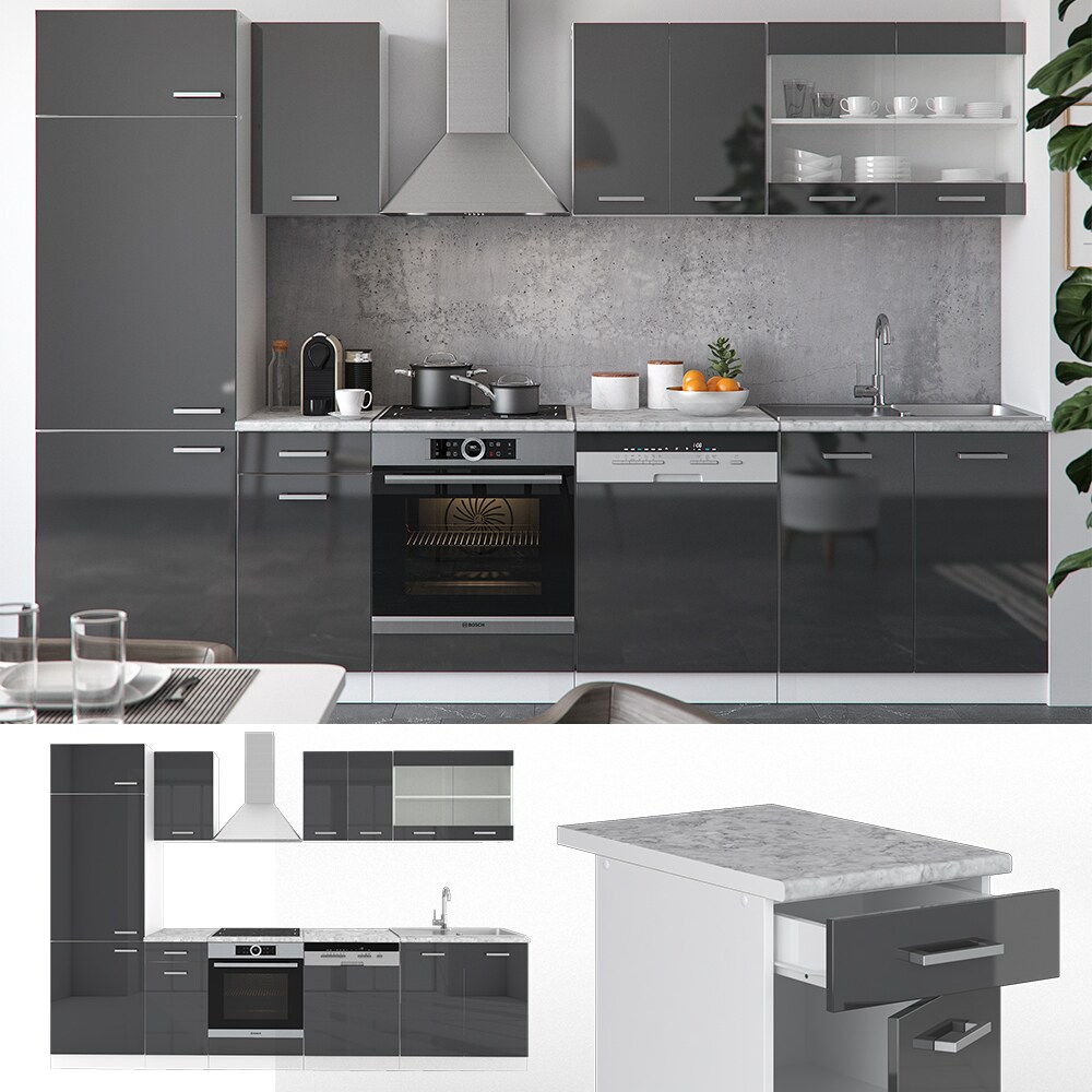 VICCO KÜCHE R-LINE 300CM KÜCHENZEILE KÜCHENBLOCK EINBAUKÜCHE ANTHRAZIT HOCHGLANZ
