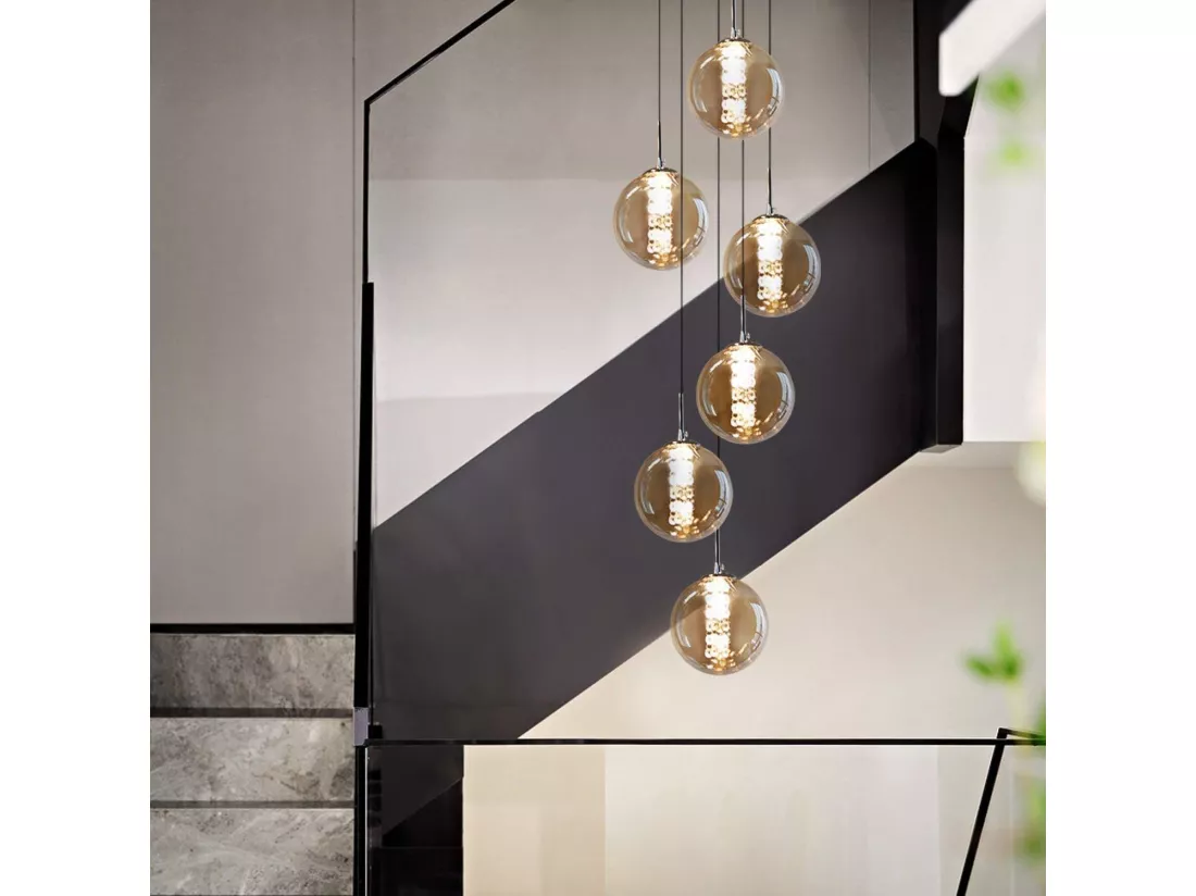 NETTLIFE Suspension verre Diam.31cm G9 ambre table à manger boule réglable en hauteur 6 lampes dans la cuisine lampe de salon lampe de chambre