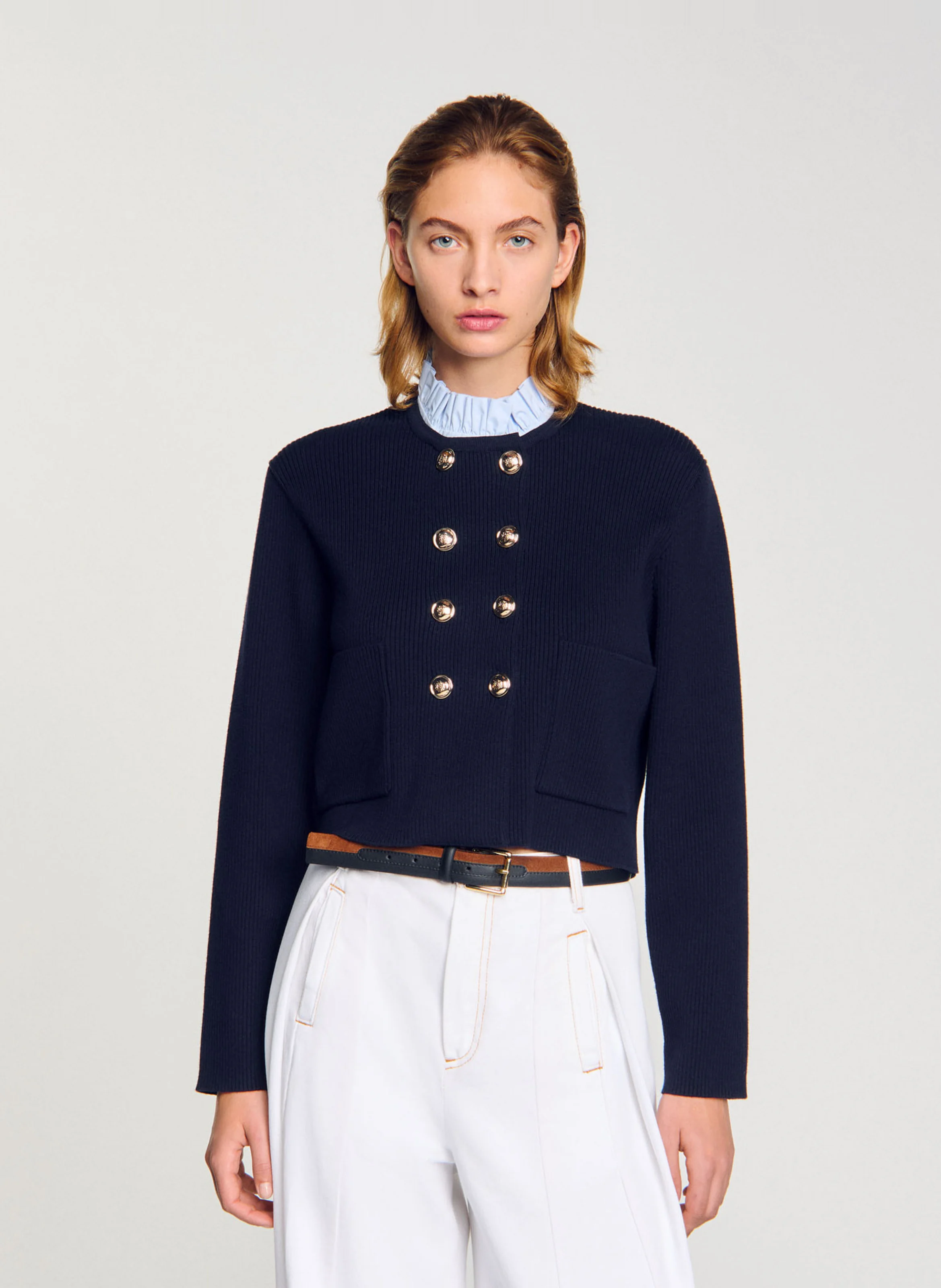 Cardigan à col volanté amovible | Bleu