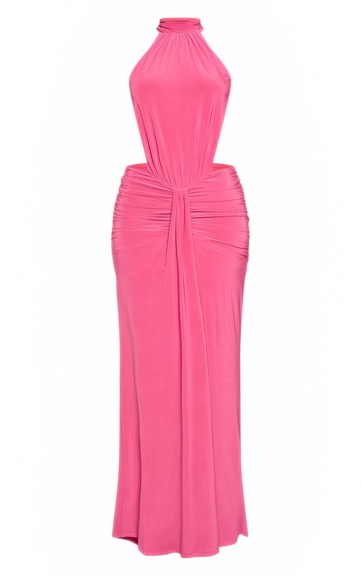 Fuchsia Robe Longue Moulante À Col Montant Drapé Et Dos Nu