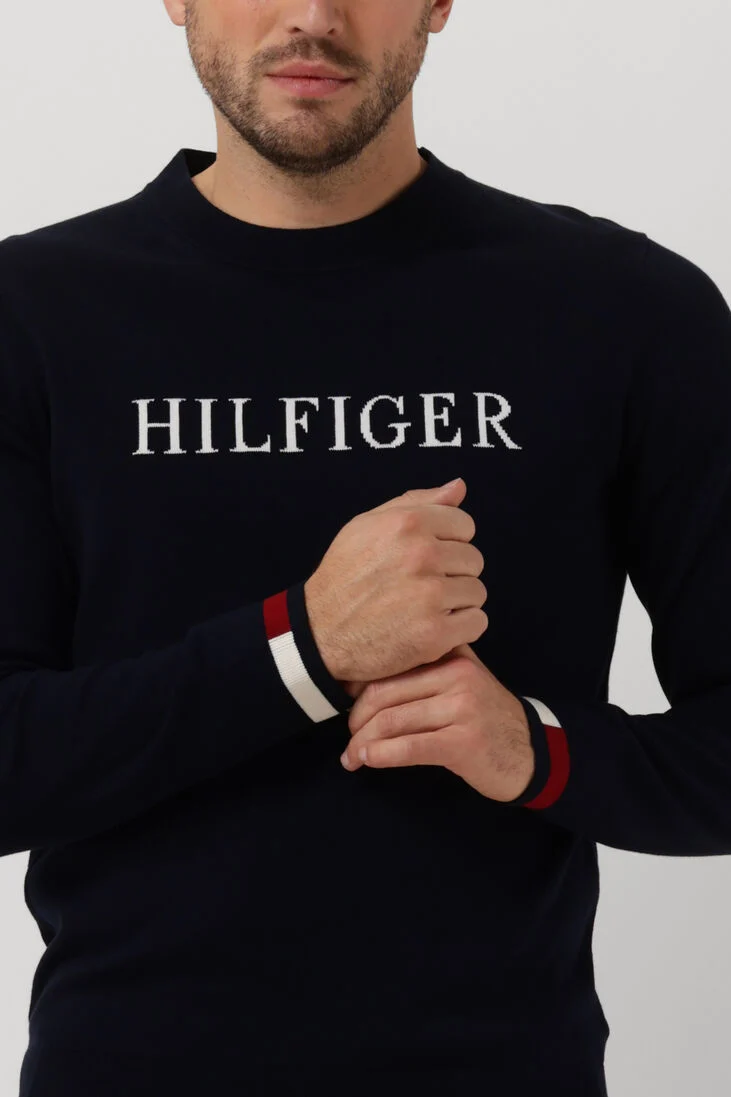 TOMMY HILFIGER donkerblauwe tommy hilfiger trui hilfiger flag cuff crew neck
