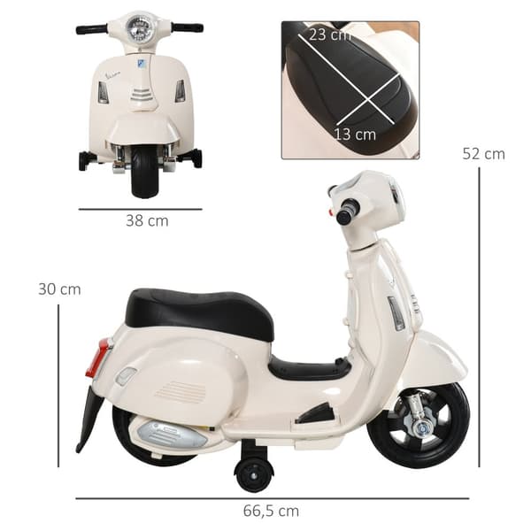 Vespa Elmotorsykkel Barnemotorsykkel, 18-36 Mnd, 3 Km/T, Led Lys & Lyd, Pp Plast & Metall, Hvit, 66,5X38X52Cm