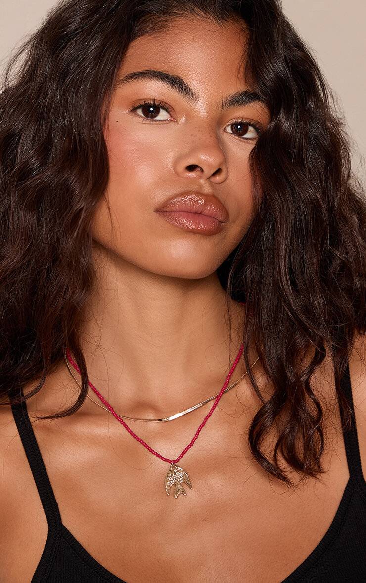 Rouge Collier Superposé Avec Perles Et Pendentif Poisson