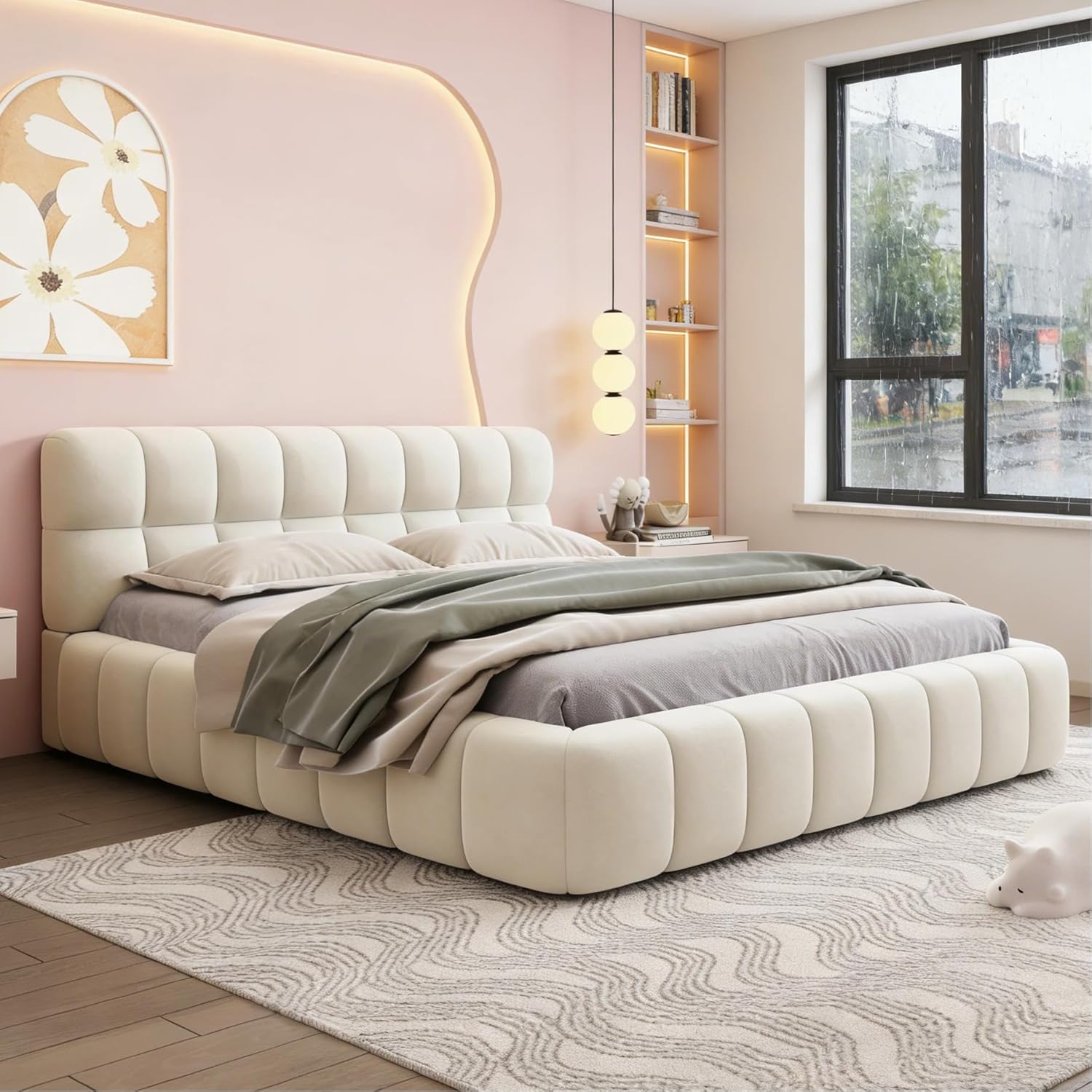 Polsterbett 160x200 cm Bubble Bett, Doppelbett mit Weiches Kopfteil, Jugendbett, Bettgestell mit Lattenrost, Leinen, ohne Matratze (Beige, 160 x 200 cm)