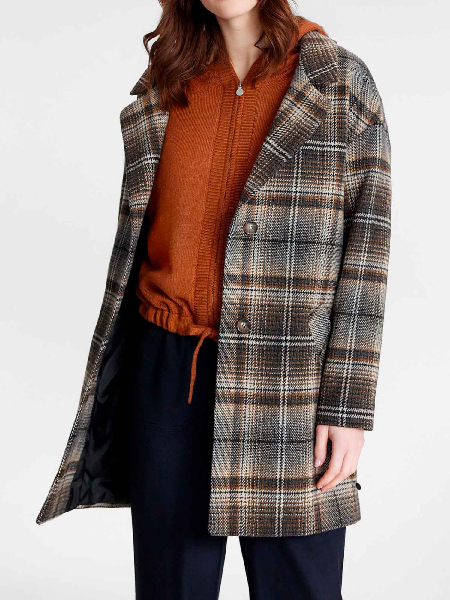 Manteau Femme A Carreaux Laine Gris et Marron