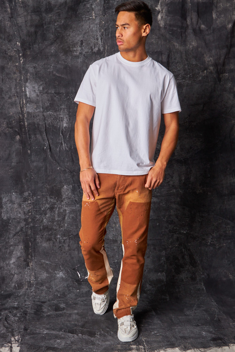Jeans coupe droite taché et délavé camel