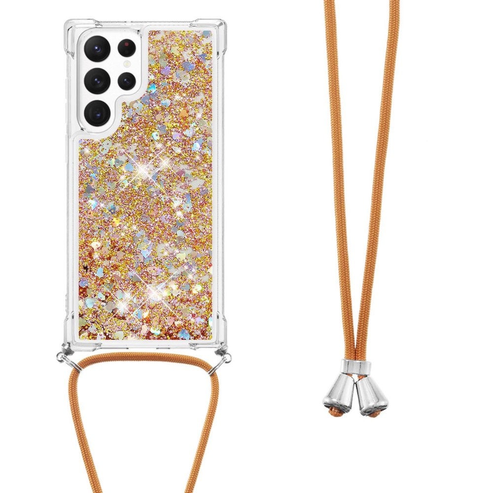 Samsung Galaxy S23 Ultra 5G Necklace Gummi Hülle Liquid Glitzer   Handykette (130cm) - Braun / Gold